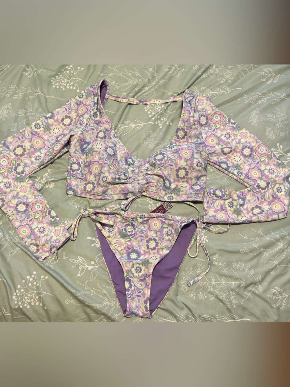Floral Tie-Front Bikini Top and Bottom Set - Lavender Multi